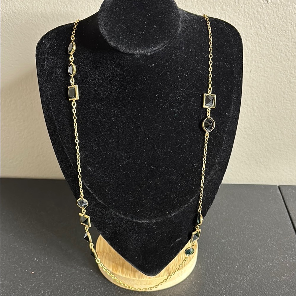J. Crew Elegant Gold & Pine Green Evergreen Long Chain Necklace